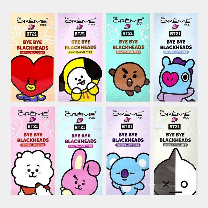 a flatlay of all the pore strips, each one printed with a different bt21 character