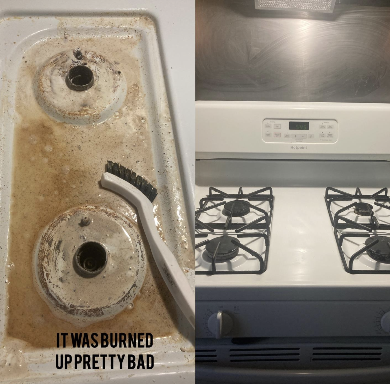 A customer reviewer&#x27;s before and after photos which show a once extremely dirty white stovetop and now a completely clean stovetop