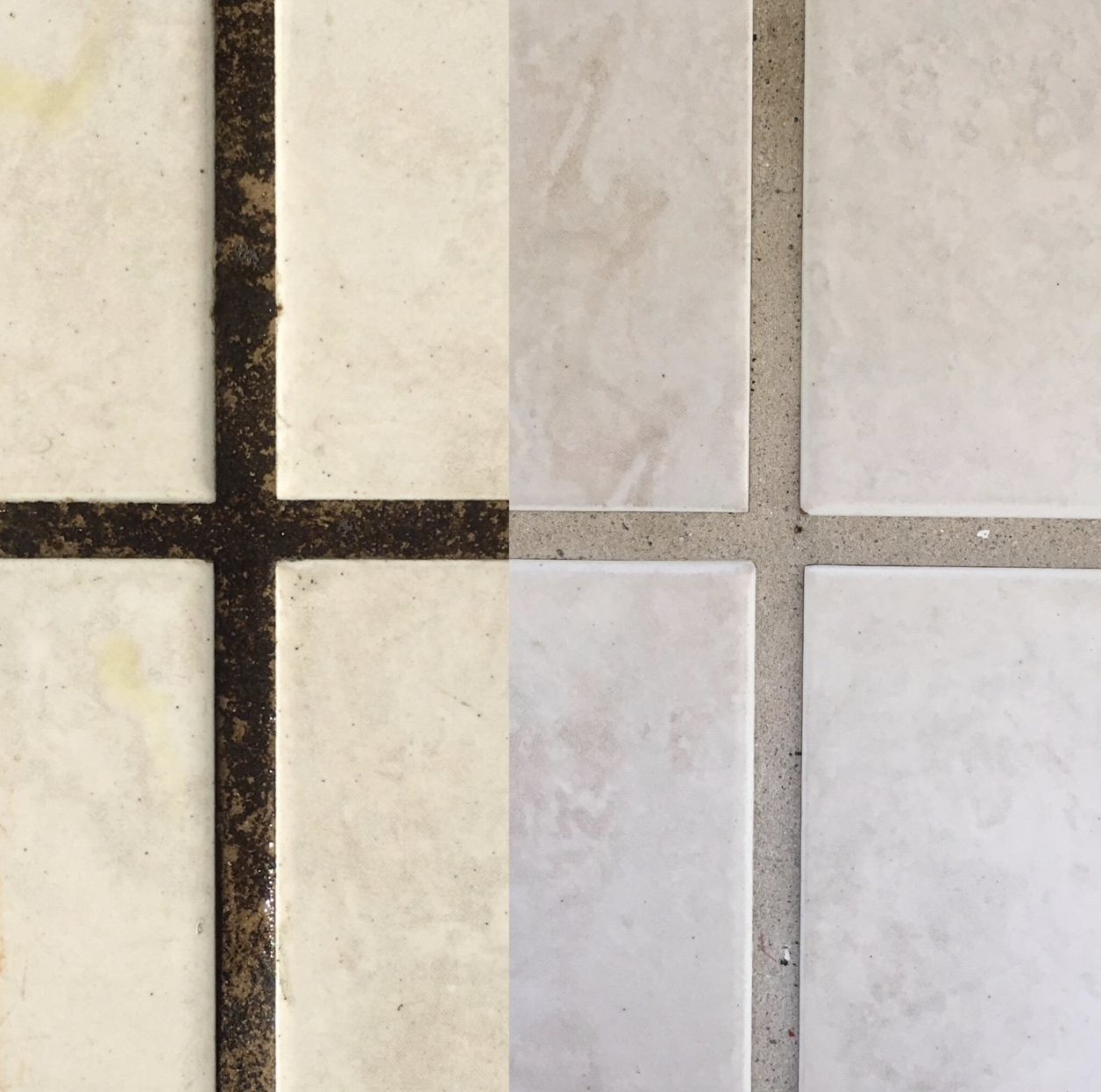 A customer review photo showing the difference in their grout before and after using the cleaner