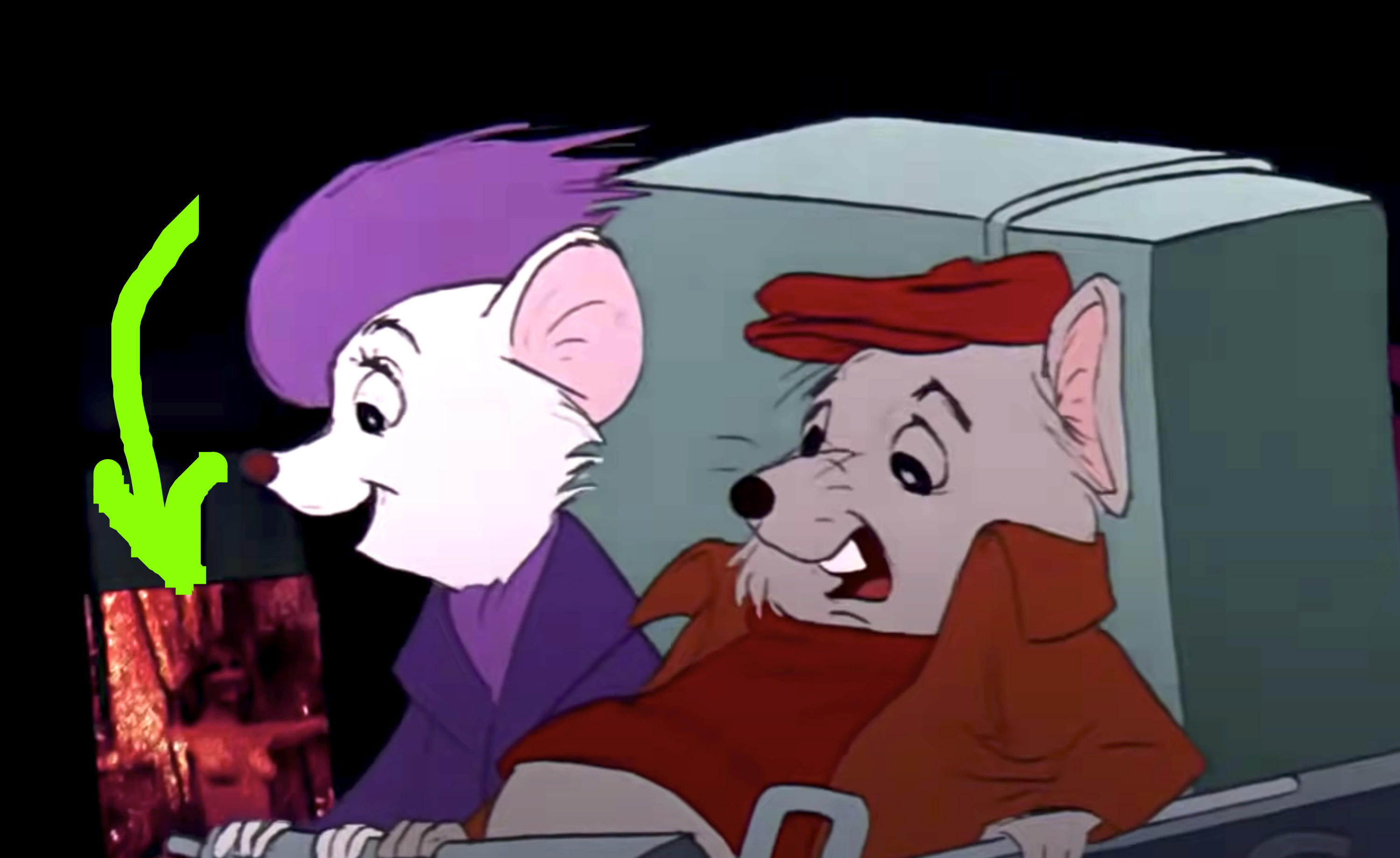 Topless woman in window in the background of The Rescuers