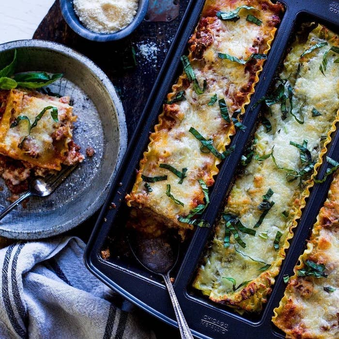 Three different lasagnas in one pan