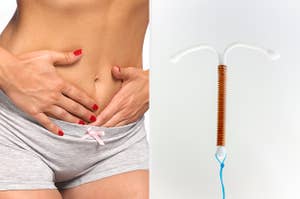 woman clutching at her abdomen, next to a copper IUD