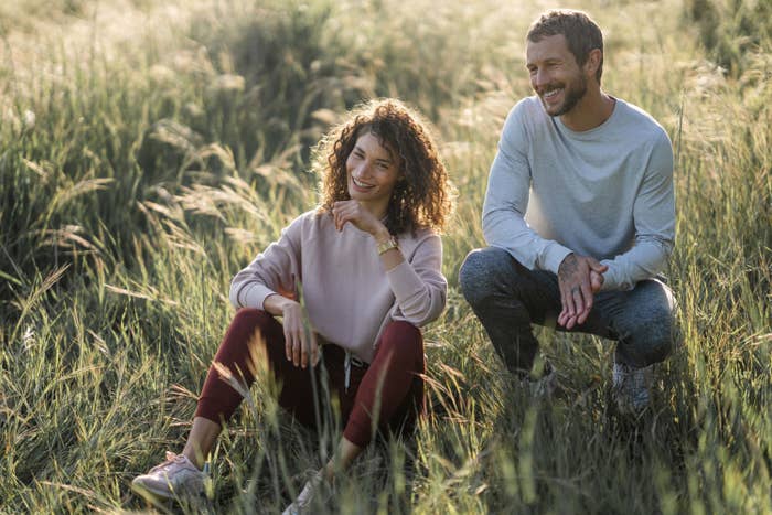 Two people in DreamKnit fabrics from Vuori
