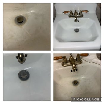 a series of before and after images of a dirty and stained white porcelain sink becoming stain free