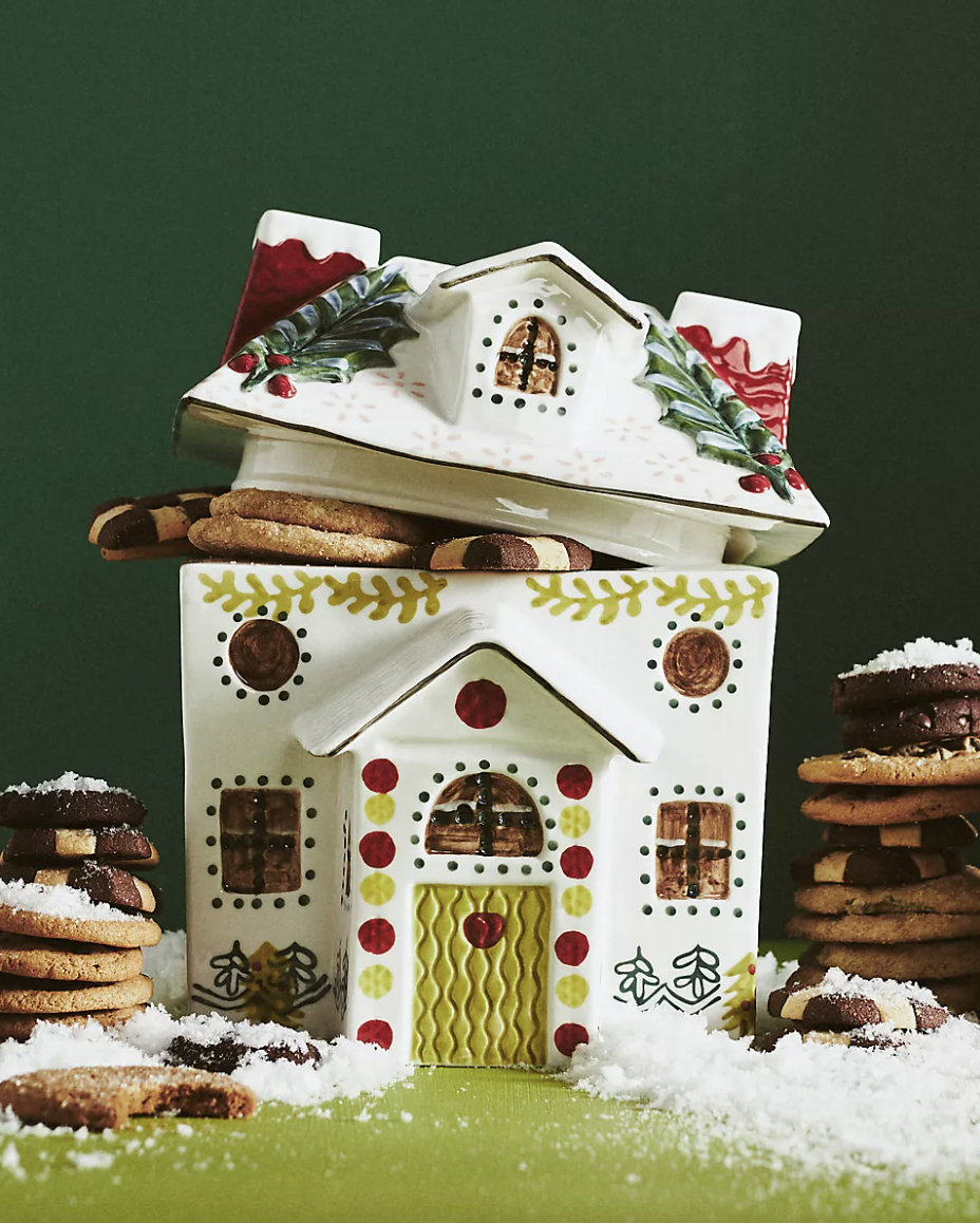 a pretty wintry ceramic cookie jar