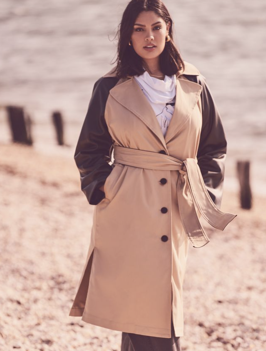 model wearing colorblocked trench coat