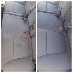 before and after reviewer image of a stained car seat becoming clean