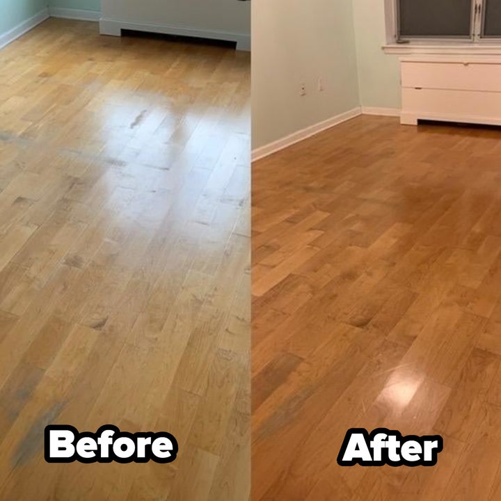 On the left, a reviewer image of hardwood floors before cleaning and polish labeled "before" and, on the right, the same hardwood floors looking clean and shiny labeled "after"
