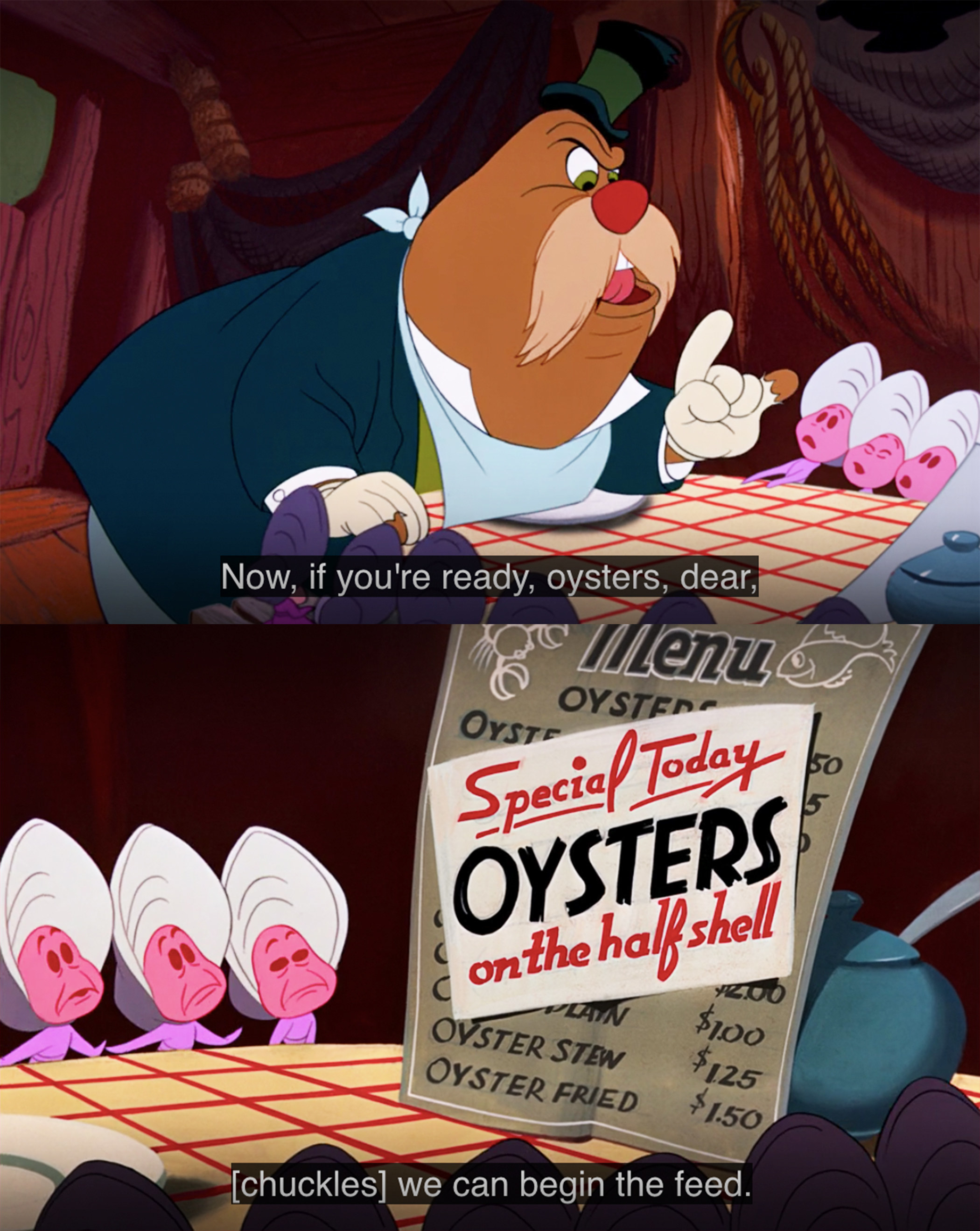 the baby oysters realize the walrus plans to eat them