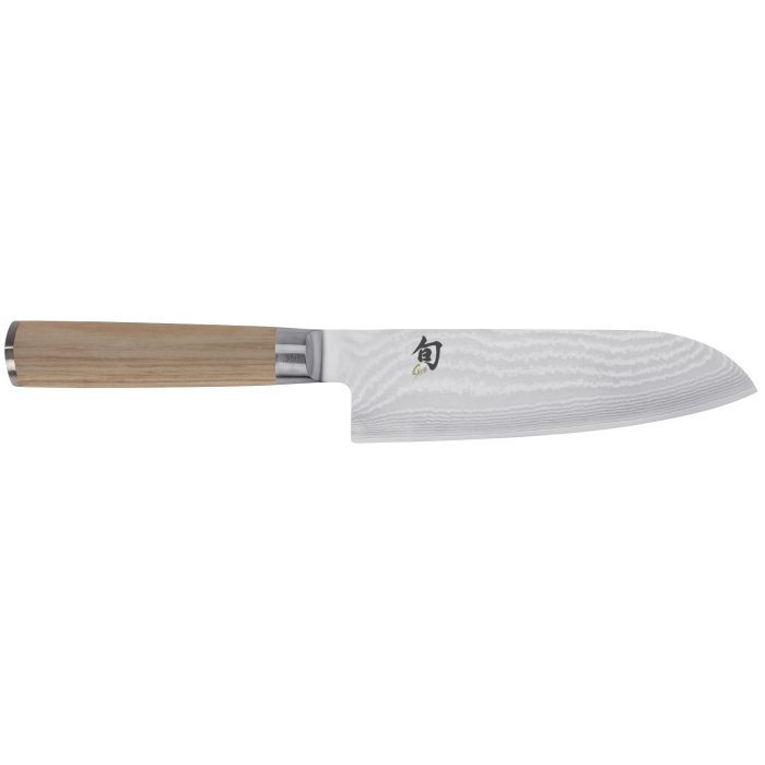 A blonde santoku knife on a white background.