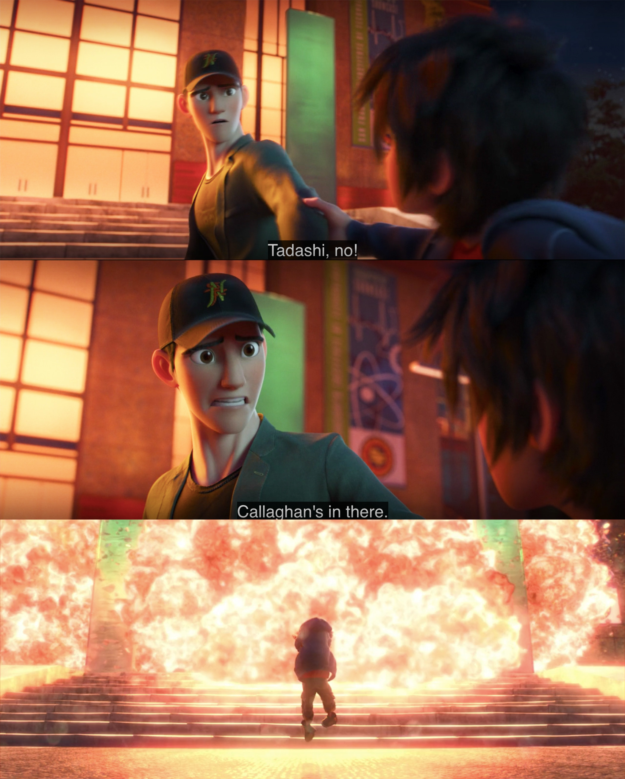 Tadashi runs into the burning building to save people right before it explodes