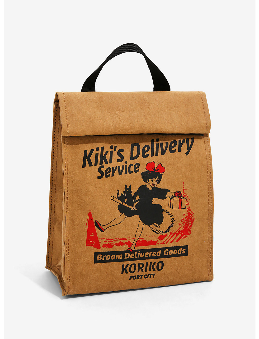 the brown bag with black handle and black and red image of KiKi and cats on a broom