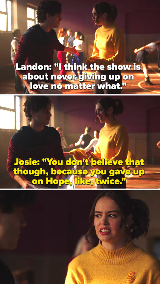 Landon: &quot;I think the show is about never giving up on love&quot; Josie: &quot;You gave up on Hope like twice,&quot; makes awkward regretful face