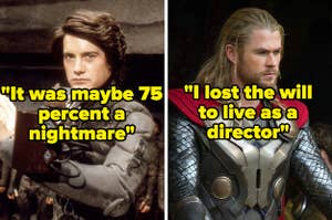 "It was maybe 75 percent a nightmare" over a screenshot from "Dune" and "I lost the will to live as a director" over a screenshot from "Thor: The Dark World"