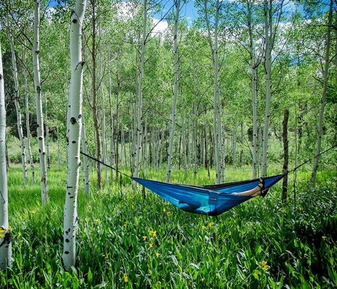 a person relaxes in a blue hammock in the woods