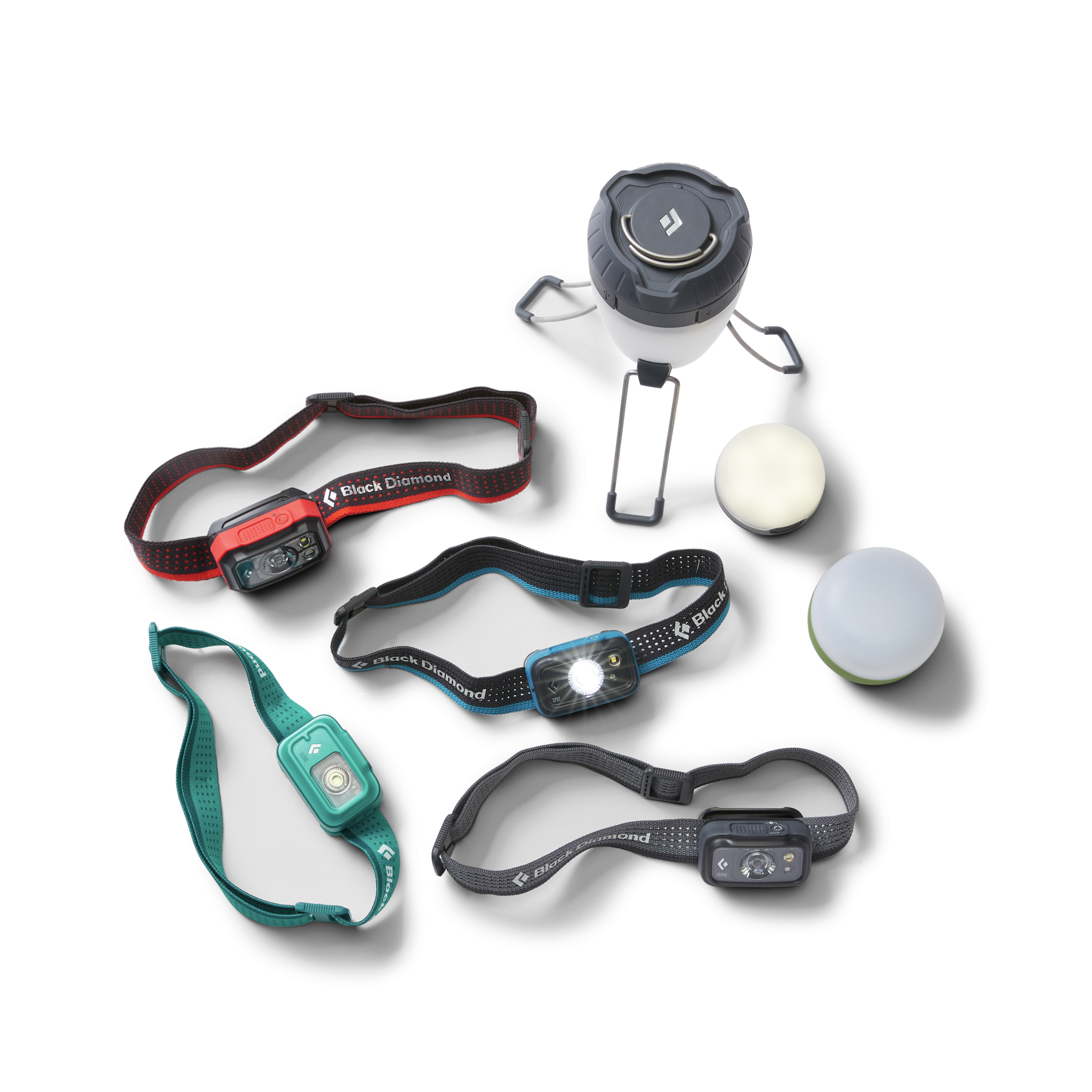 an array of different colored headlamps