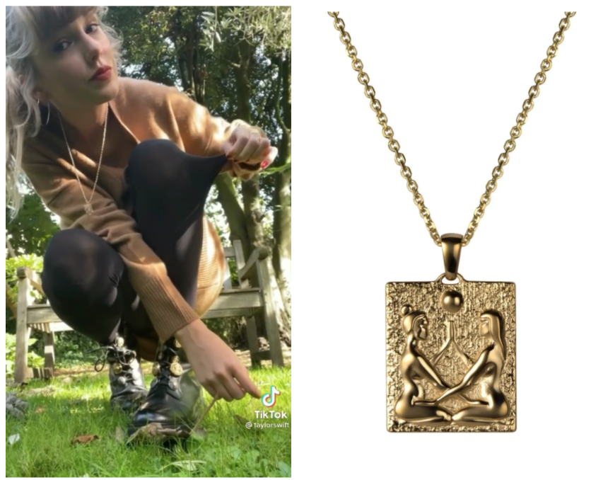 a side by side photo of Taylor Swift wearing the necklace next to the gold necklace with a square shaped charm