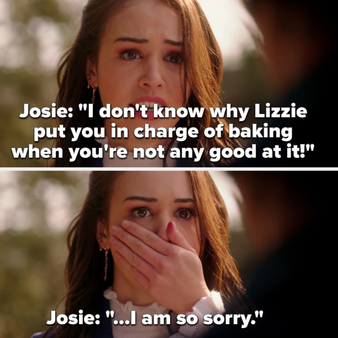 Josie says she doesn&#x27;t know why Lizzie put MG in charge of baking when he&#x27;s not any good at it, immediately clamps hand over mouth: &quot;I am so sorry&quot;