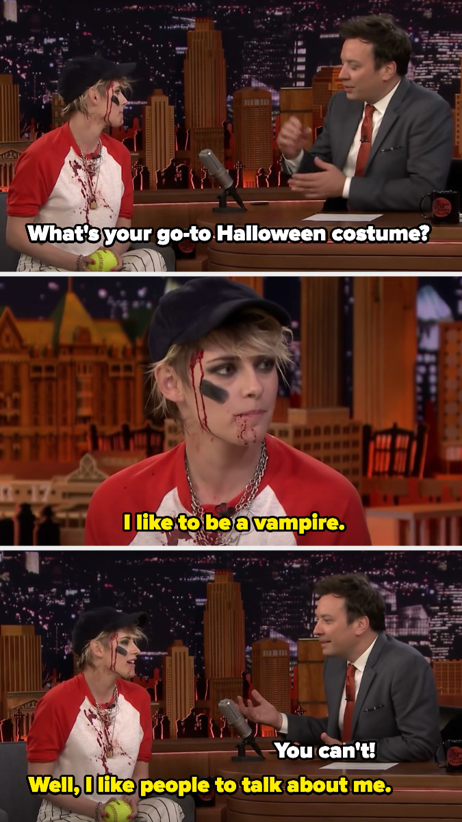 Kristen saying her go-to Halloween costume is a vampire, because she likes people to talk about her