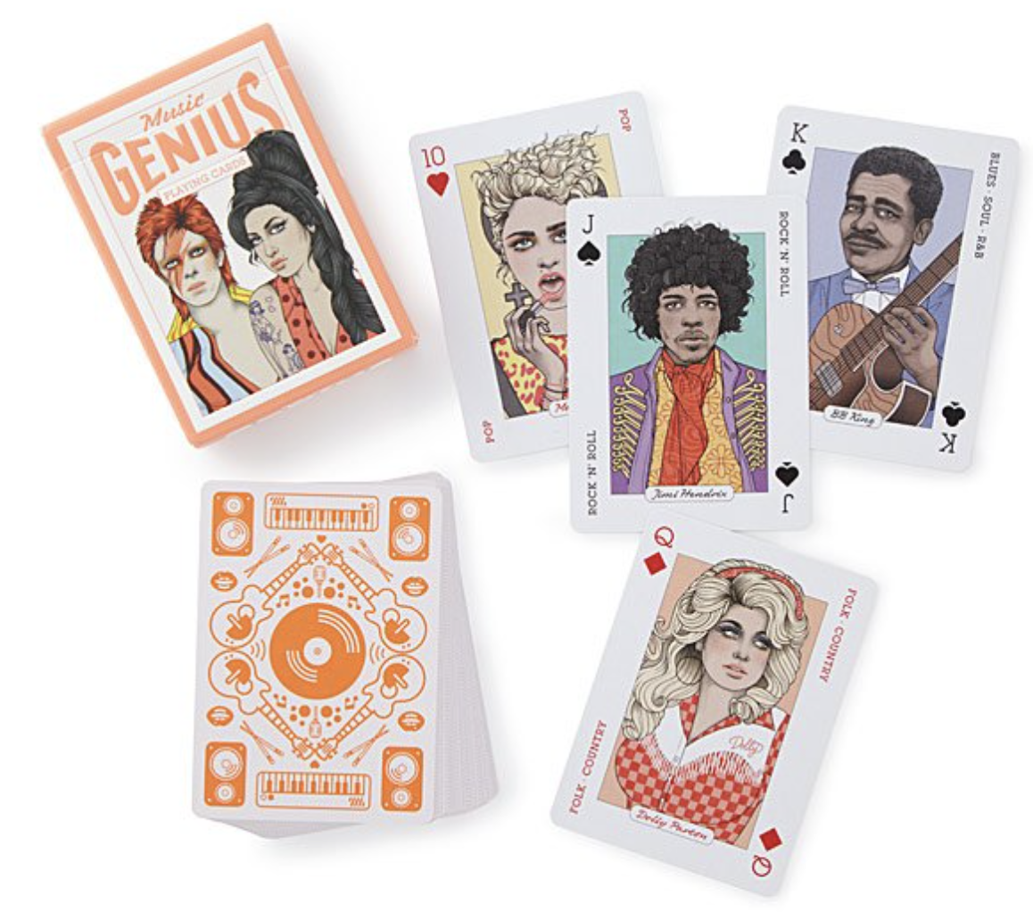 The playing cards are shown and the musicians Dolly Parton, Jimi Hendrix, BB King, Madonna, David Bowie and Amy Winehouse are seen.