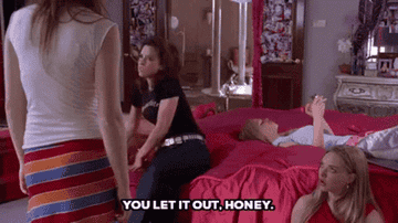 GIF from Mean Girls. The Plastics hang out in a room. One of them sitting on a bed hands over a big pink book and says &quot;You let it out, honey.&quot;