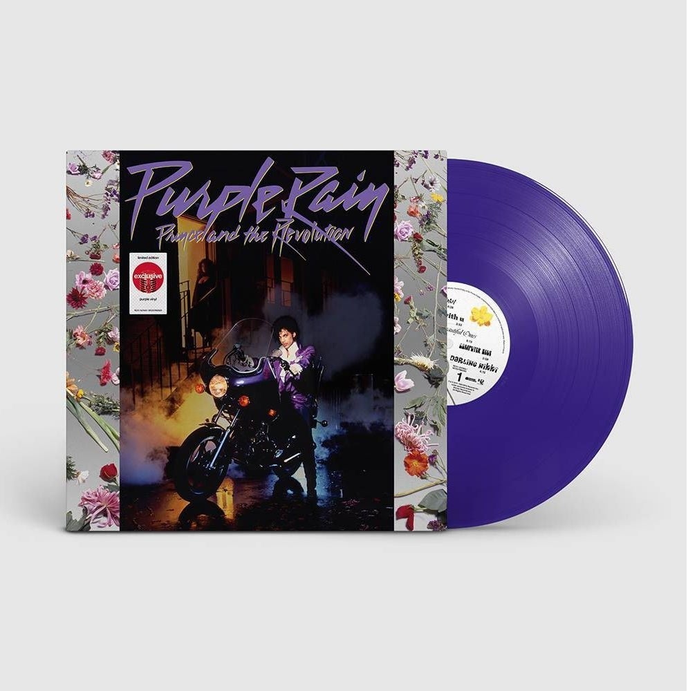 The Purple Rain album cover with the purple vinyl sticking out