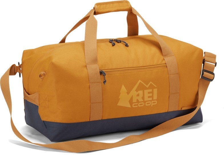 a large orange duffel bag with strap