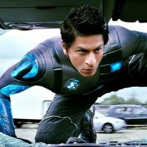 Shah Rakh Khun dressed as the character &#x27;G.one&#x27; in a bluish black suit for the Bollywood movie Ra.one.