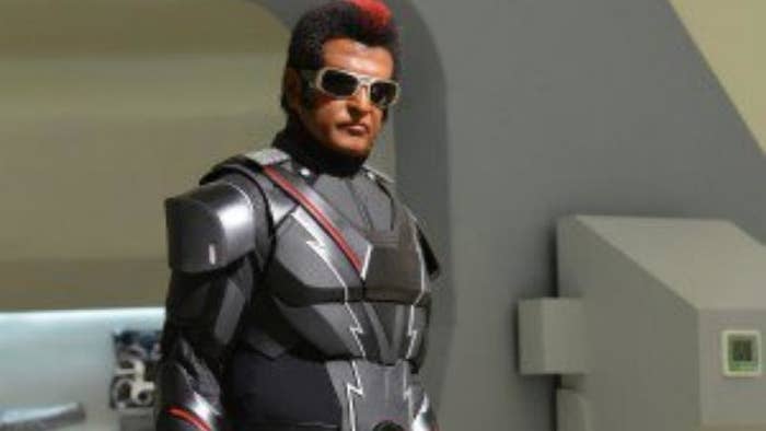 A picture of the Superstar Rajnikanth wearing a black coloured super-hero like costume for the movie 2.0.