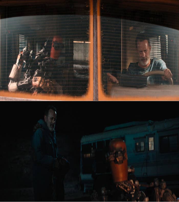 In the first photo, a man drives an RV while his co-passenger, an android, listens to him. In the second photo, the man talks to the android while they are sitting in an open field while their RV stands behind them