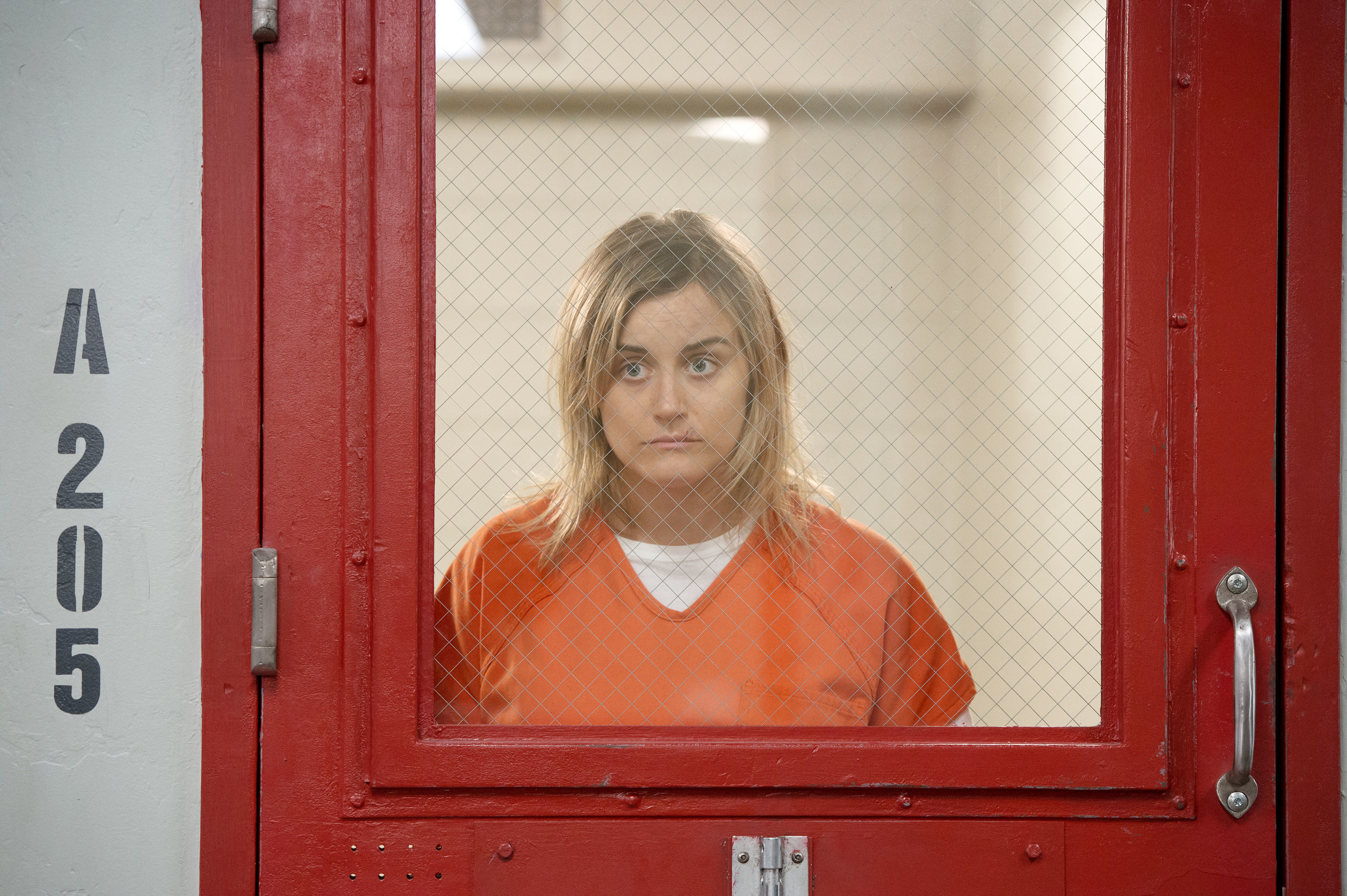 Taylor Schilling looking through the glass of a jail door