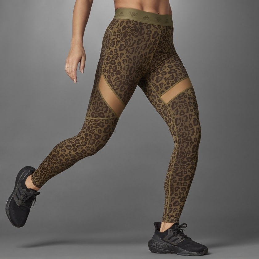 model wearing the tights in cheetah