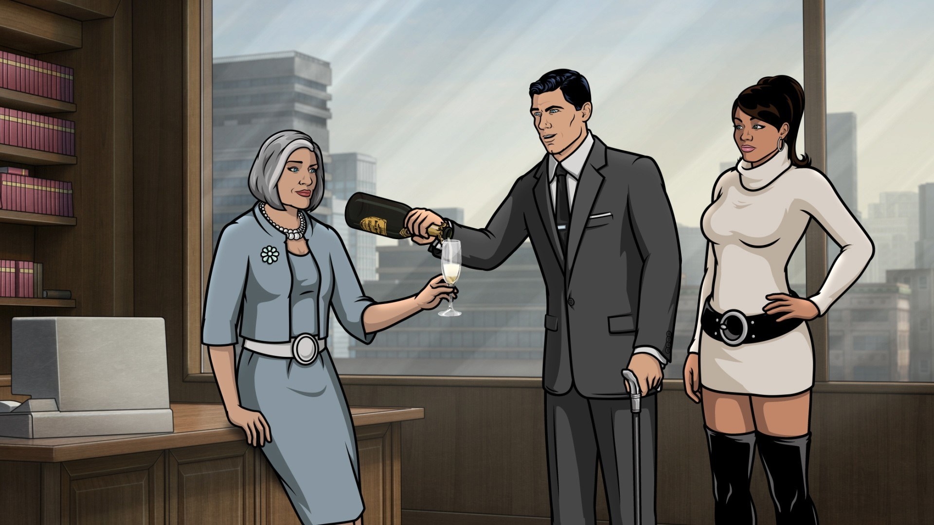 Archer pouring his mom champagne