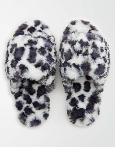 The white and black spotted print slide slippers with open toes
