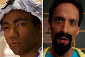 Troy dressed in his pillow fight war outfit in "Community"/Abed wearing a fake beard in "Community"