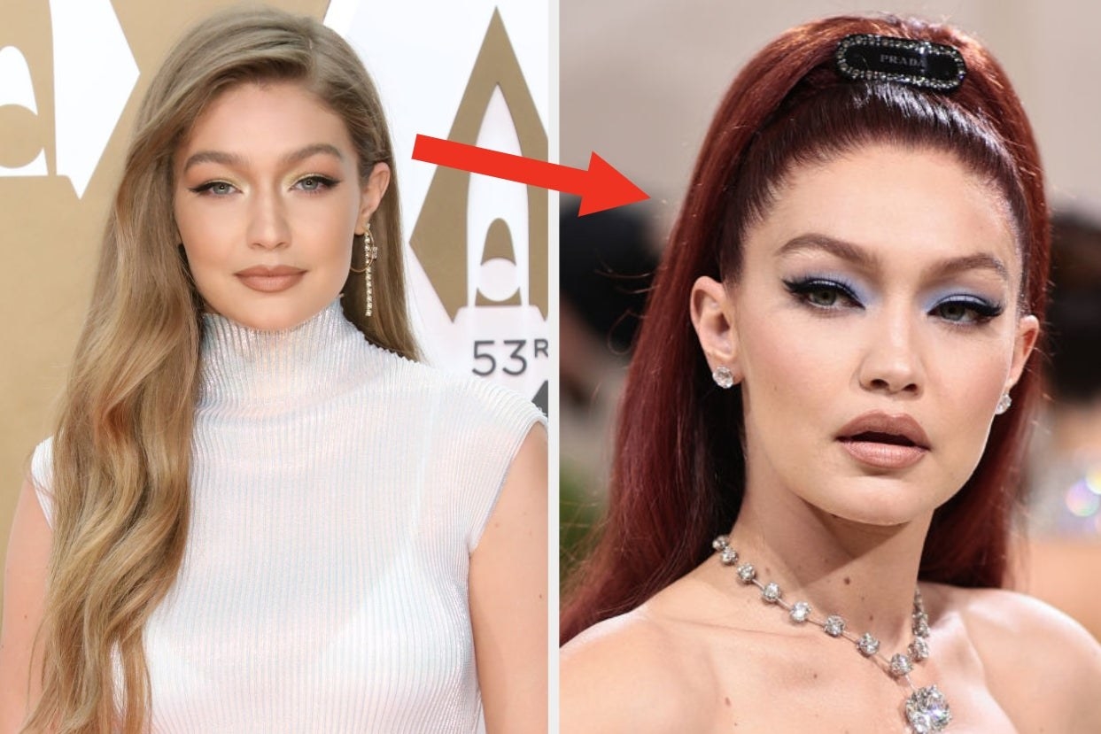 Bella Hadid on the left with blonde hair and Bella with red hair on the right