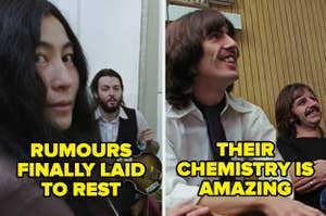 Stills from Get Back The Beatles Documentary showing Yoko Ono and Paul McCartney sitting together and George Harrison and Ringo Starr laughing