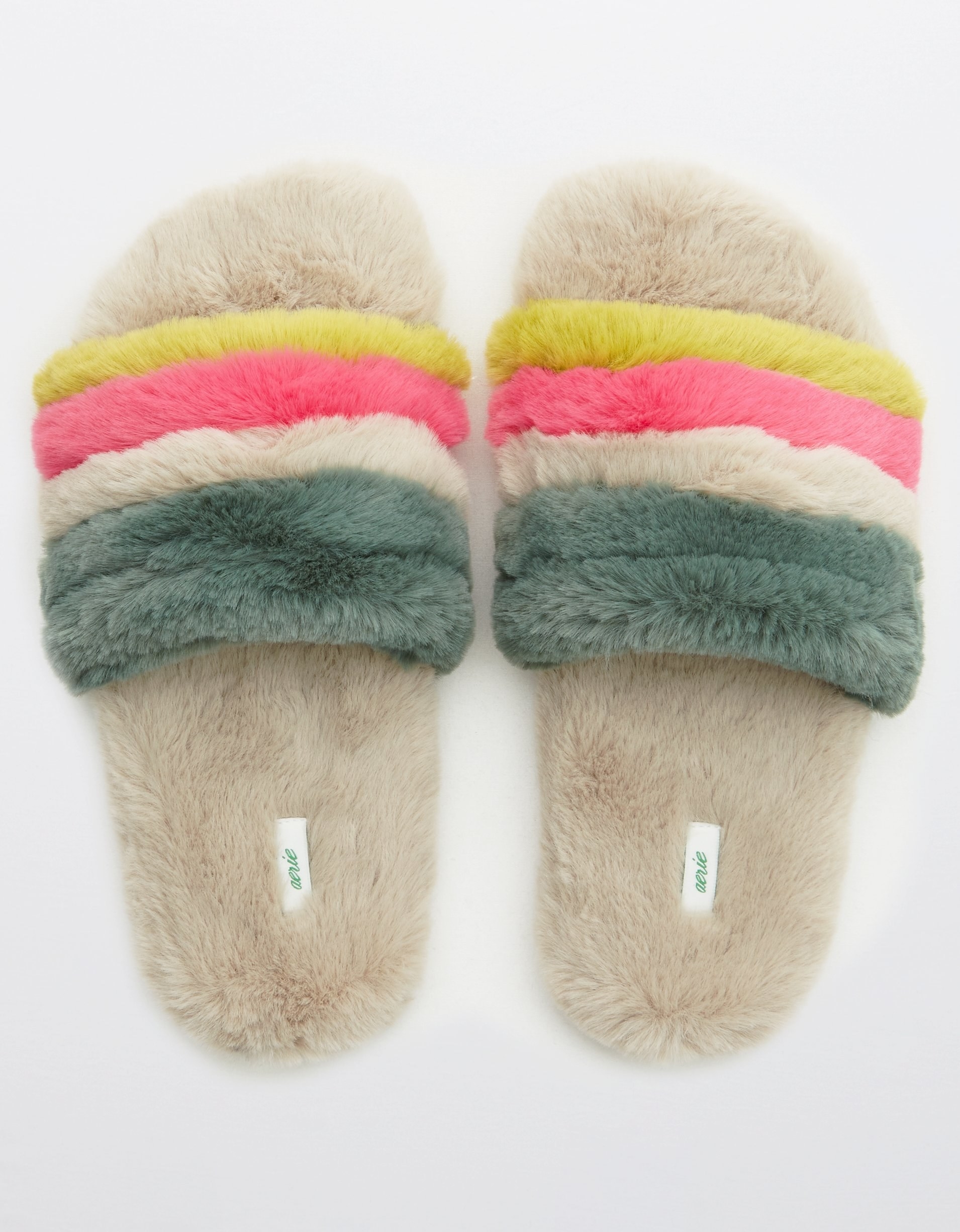 beige, teal, pink, white, and chartreuse faux fur slide slippers