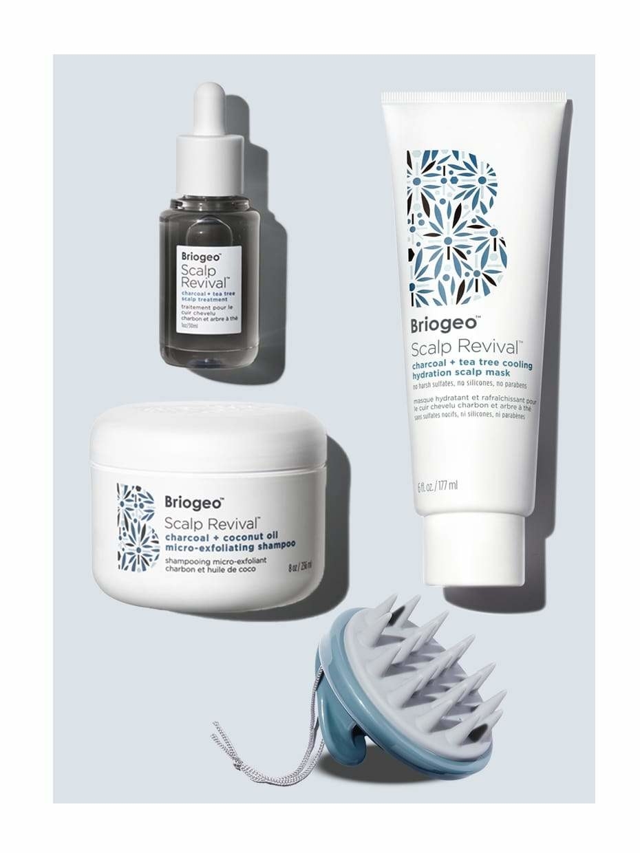 the Scalp Revival Scalp Care Essentials Value Kit with exfoliating shampoo, a scalp mask, and blue scalp massager