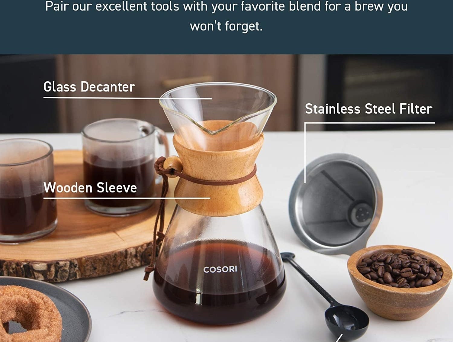 The pour over coffee decanter surrounded by all its accessories