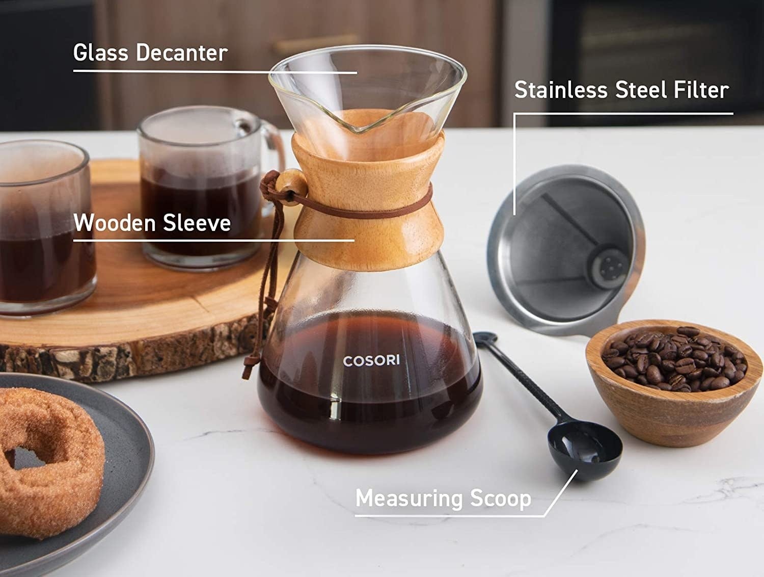 The pour over coffee decanter surrounded by all its accessories
