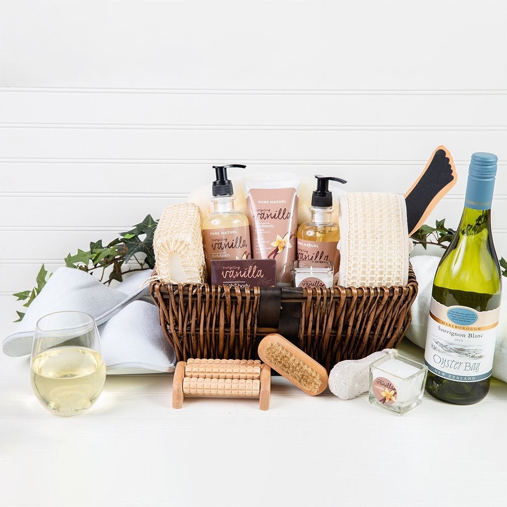Essentials home spa with white wine basket