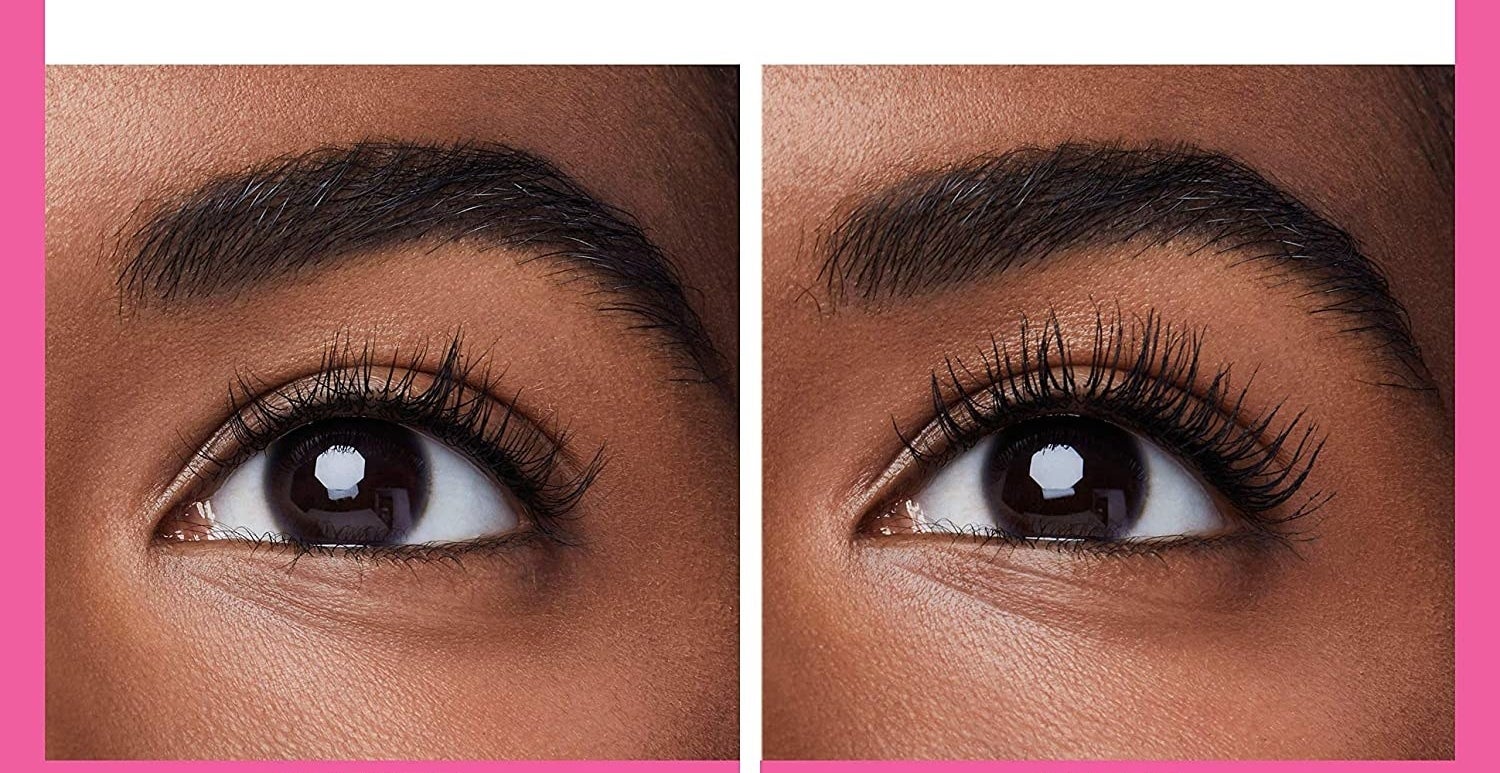 A before image of someone with sparse looking lashes and an after image of their lashes looking full and long