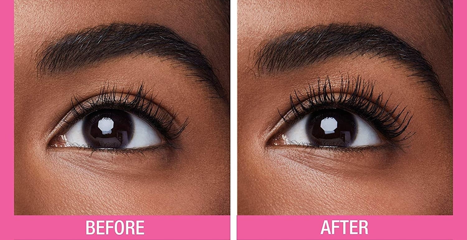A before image of someone with sparse looking lashes and an after image of their lashes looking full and long