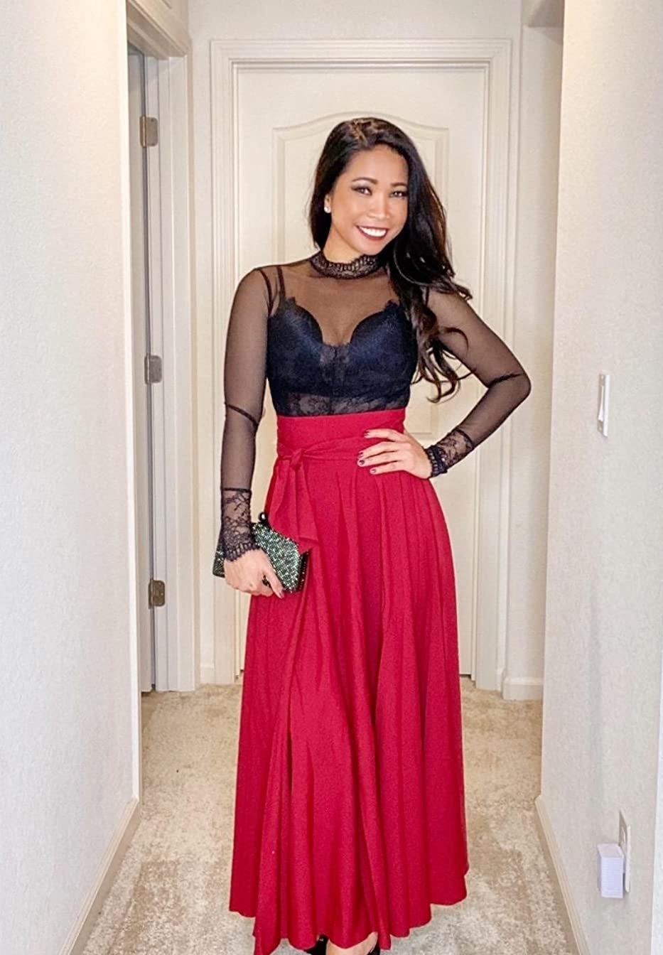 Reviewer wearing the red maxi skirt