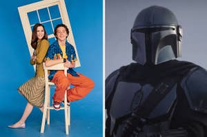 Louis and Ren Stevens are on a stool on the left with the Mandalorian on the right