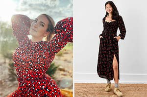 Reviewer wearing a red leopard print dress / Model wearing a black smocked dress with red flowers