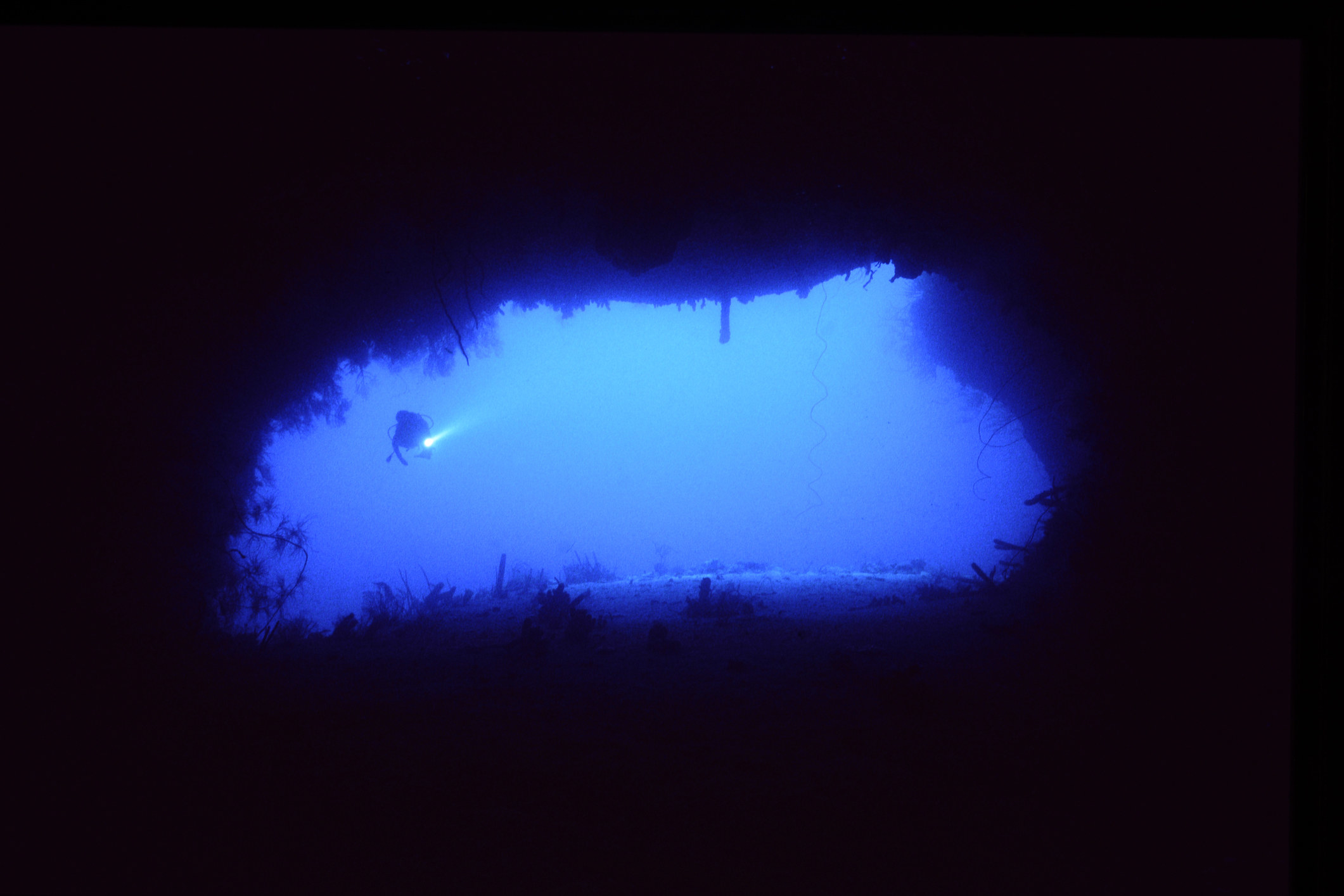 A underwater cave diver about to swim into a dark cave