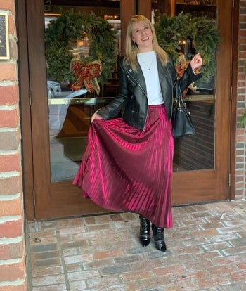Reviewer wearing the pink metallic skirt
