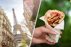 An upwards angle shot of the Eiffel Tower and a hand holds a Gyro wrap